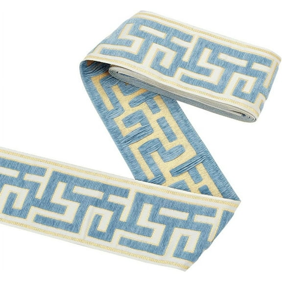 3.3 Yards Embroidered Drapery Trim 3-1/2" Wide The Great Wall Grid Curtain Trim Tape Polyester Blue Chenille Drapery Trim Geometric Jacquard Ribbon for Drapes Curtain Banding Trim Tape