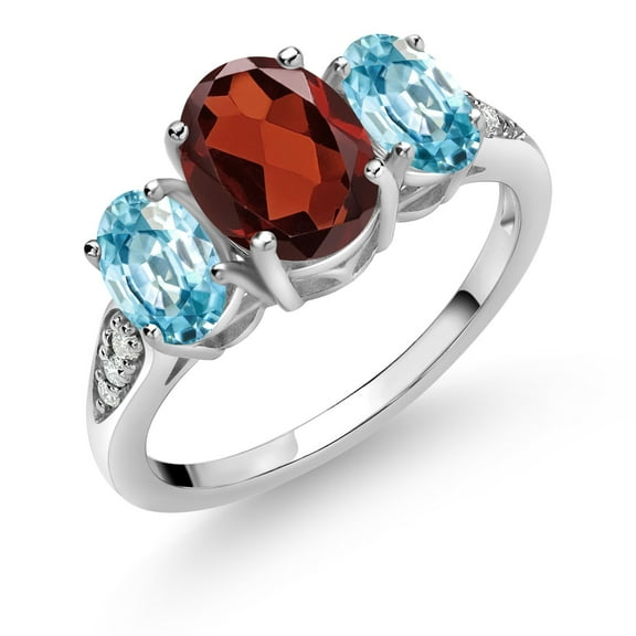 Gem Stone King 10K White Gold Red Garnet Blue Zircon and White Lab Grown Diamond 3 Stone Engagement Ring for Women (2.84 Cttw, Gemstone Birthstone, Available in Size 5, 6, 7, 8, 9)