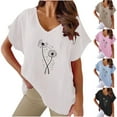 thumbnail image 5 of WREESH Loose Batwing Sleeve Graphic T-Shirt Women's V-Neck Cotton Linen Short Sleeve Blouse Blue, 5 of 5