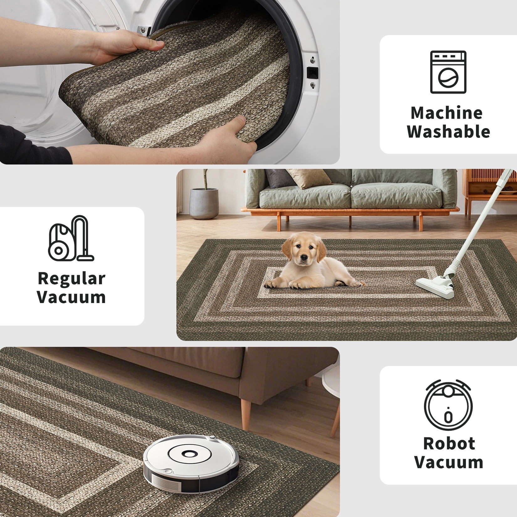 HOMERRY Washable Bordered Runner Rug for Hallway 2' x 6' Non-Slip Modern Braided Print Accent Indoor Carpet, Brown