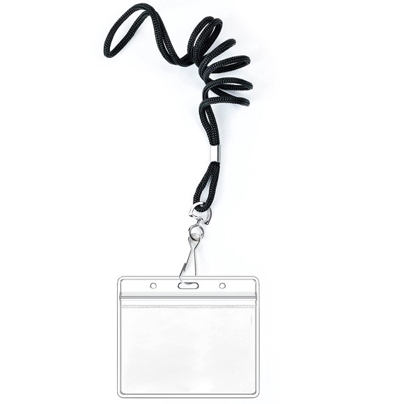 50 Étiquettes de Nom Horizontales en Plastique Transparent Porte-Badge et 50 Lanières Noires avec Crochet Pivotant