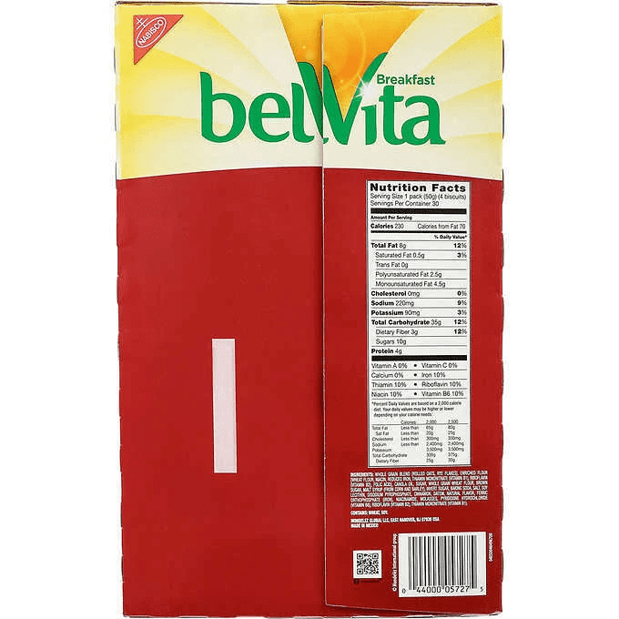 Belvita Crunchy Cinnamon Brown Sugar Biscuits, Baked, 1.76 oz, 30 Count Shelf Stable Cardboard Box