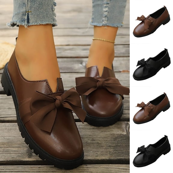 Patent Leather Bow Loafers for Women Comfort Round Toe Slip On Anti Slip Low Chunky Heel Penny Loafers for Work Daily Casual Dressy Coffee 9(43)