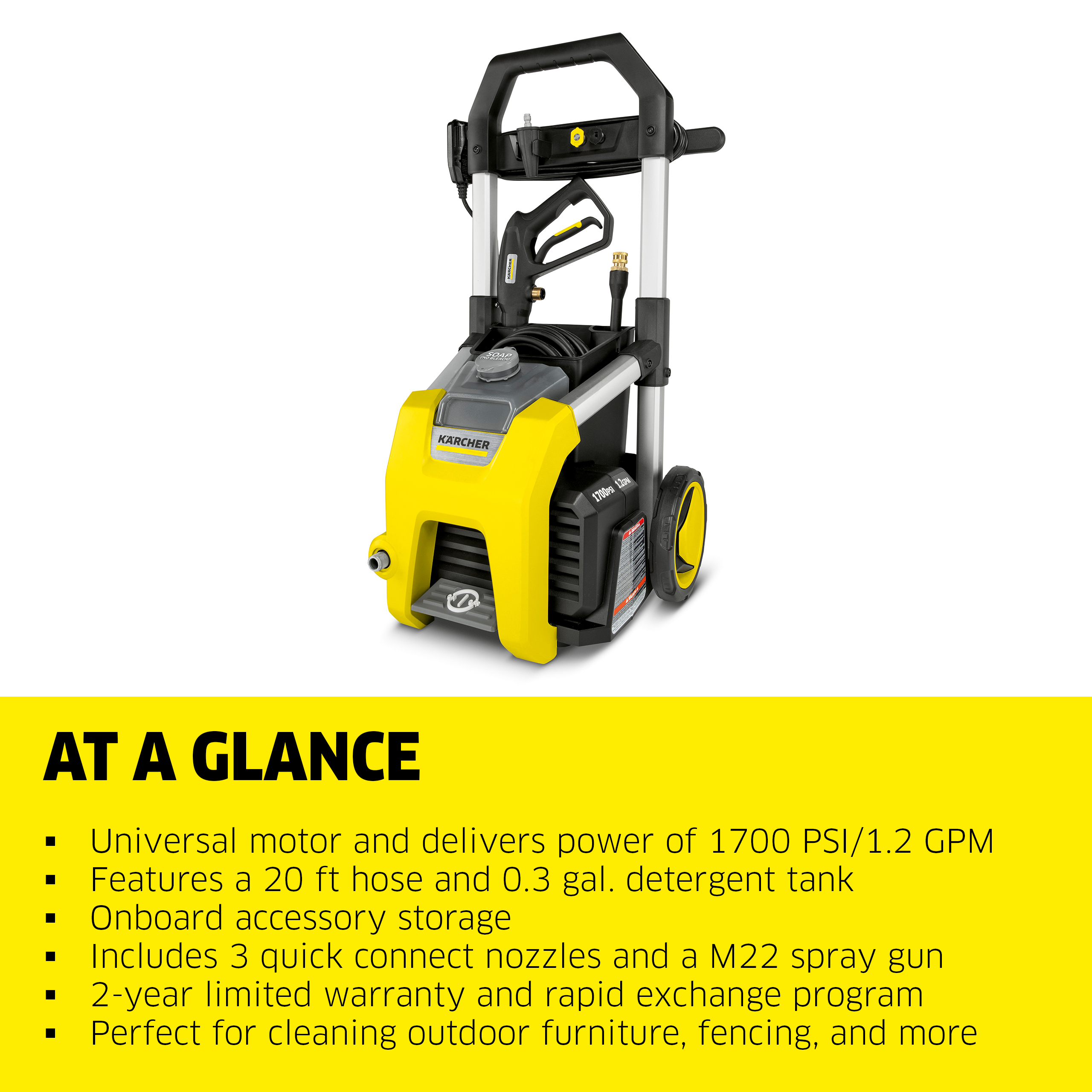 Karcher K1700, Max 2125 PSI Pressure Washer with Hose, Spray Gun, 3 Nozzles, 1.2 GPM, Power Washer - image 4 of 9