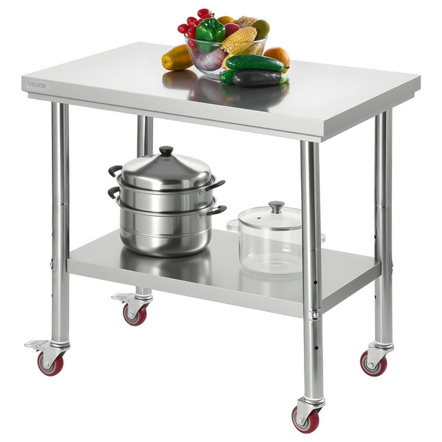 VEVOR Table en Acier Inoxydable, Table de Préparation des Aliments 24 x 35,4 Pouces avec Roulettes, Table de Préparation de Cuisine avec Postes de Travail sous Tablette Réglables pour Cuisine Commerciale, Restaurant, Hôtel et Garage, Extérieur