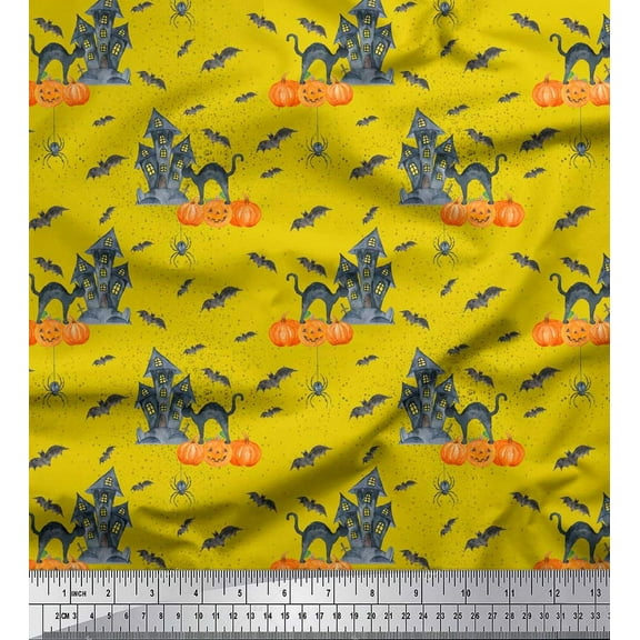 Soimoi Yellow Cotton Voile Fabric Bat & Haunted House Halloween Printed Fabric 1 Yard 42 Inch Wide