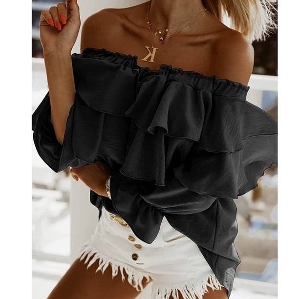 Tops tipo jersey con hombros descubiertos,Blusa con hombros descubiertos para mujer, Top con hombros descubiertos para mujer, Top con volantes en capas, rendimiento sólido