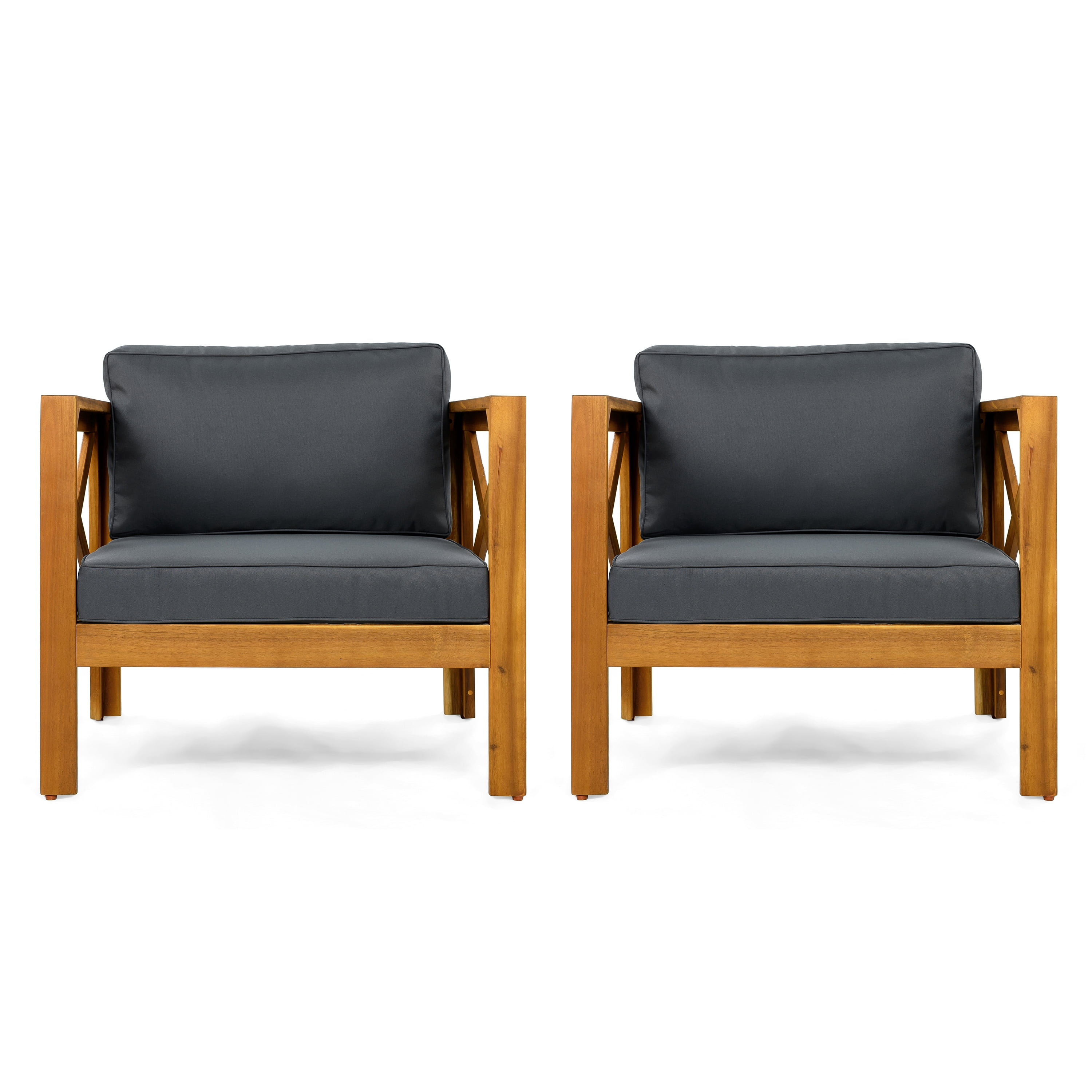 Wooden Armchair Set of 2, Outdoor Acacia Wood Club Chair with Cushions for Patio Garden, Teak and Dark Grey