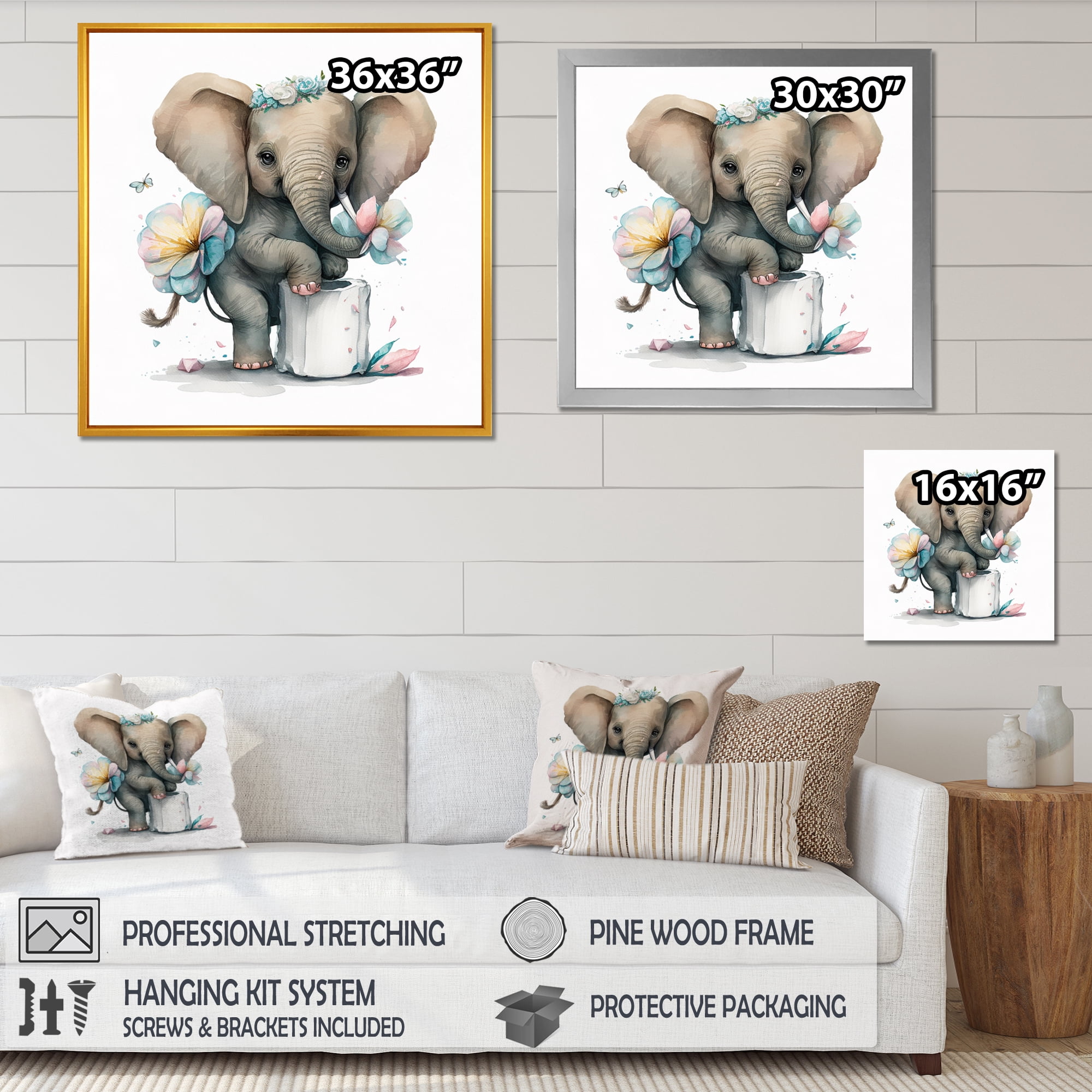 Designart Elephant Building A Tower Of Toilet Paper With Flowers II Canvas Wall Art