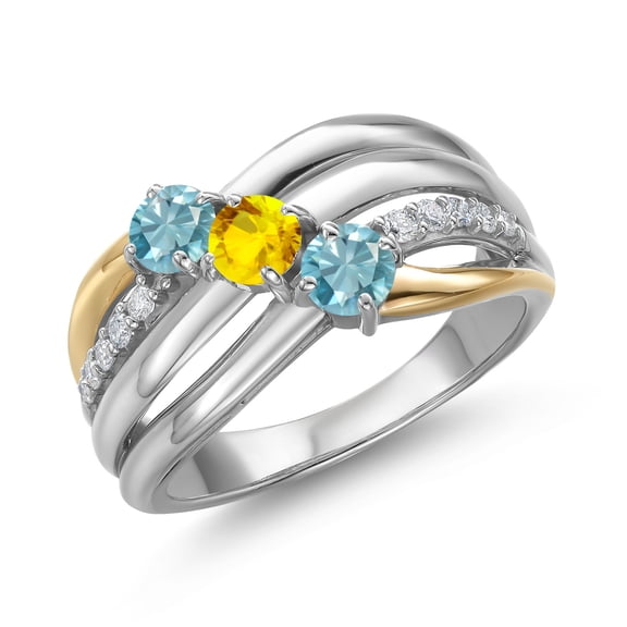 Gem Stone King 925 Silver and 10K Yellow Gold Blue Zircon and Yellow Sapphire and Lab Grown Diamond Engagement Ring for Women | 1.51 Cttw | Round 4MM | Birthstone | Size 8