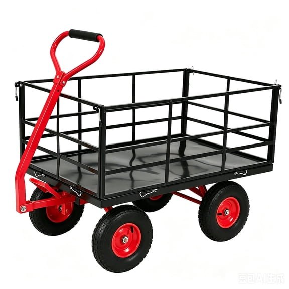 1500 lb Heavy Duty Steel Garden Dump Cart – 13" All-Terrain Tires, Removable Sides, Adjustable Swivel Handle, Trailer Hitch – collapsible Utility Wagon for Yard & Landscaping – Black Red