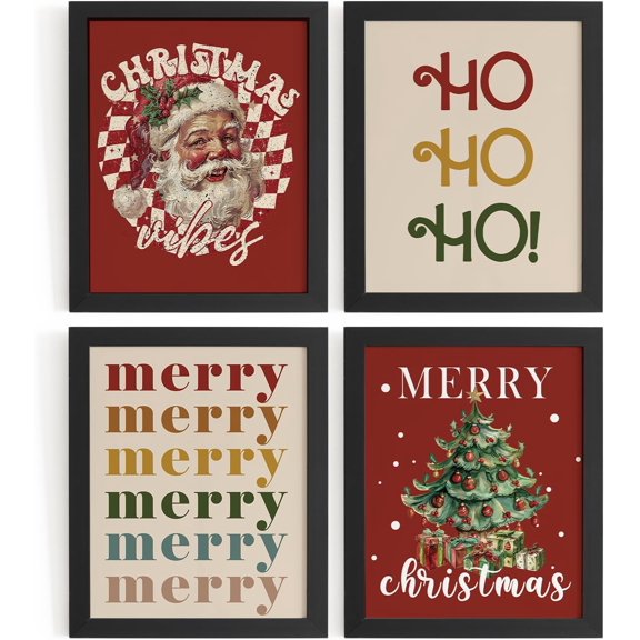 Hieng Vintage Christmas Wall Decor,Trendy Christmas Retro Posters for Room, Santa Snowman Deer Nutcracker Xmas Wall Art Prints for Living Room Kitchen Bedroom Office Set of 4 Unframed