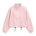 thumbnail image 5 of thefmos Women's Stand Collar Zip Up Long Sleeve Jacket with Pocket Drawstring Solid Color Casual Outerwear Trendy Spring Fall Outfit, Pink 2XL, 5 of 9