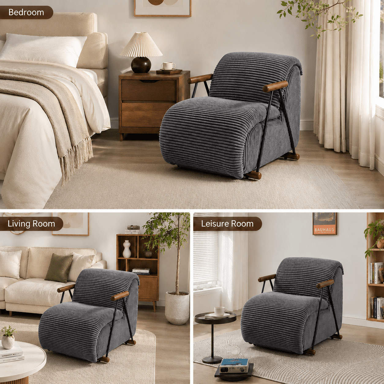 MOONMISS Corduroy Accent Chair, Upholstered Lounge Armchair with Solid Wood Armrests & Minimalist Metal Frame for Living Room, Bedroom,Gray