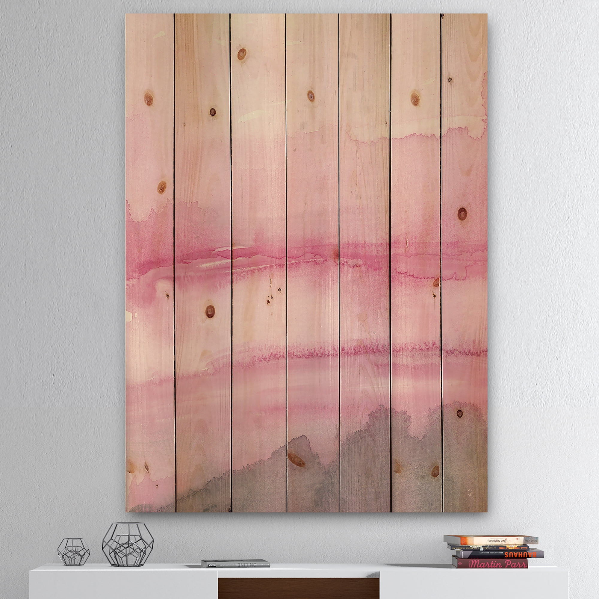 Designart 'Abstract Pink Watercolor' Shabby Chic Print on Natural Pine Wood