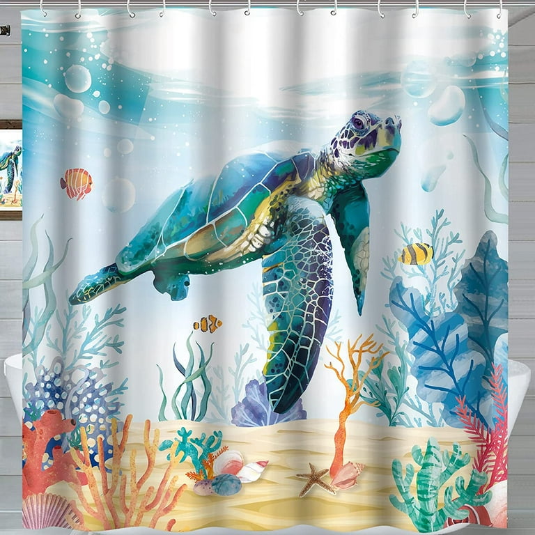 Sonernt Sea Turtle Shower Curtain Ocean Creature Landscape Shower Curtains  Beach Theme Bathroom Decoration Fabric, 72x72 Inch 
