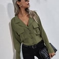 thumbnail image 2 of Camisas con hombros caídos para mujer Camisas con cuello vuelto Camisas con cuello en V Camisas de manga larga con un solo pecho OD Verde M, 2 of 6