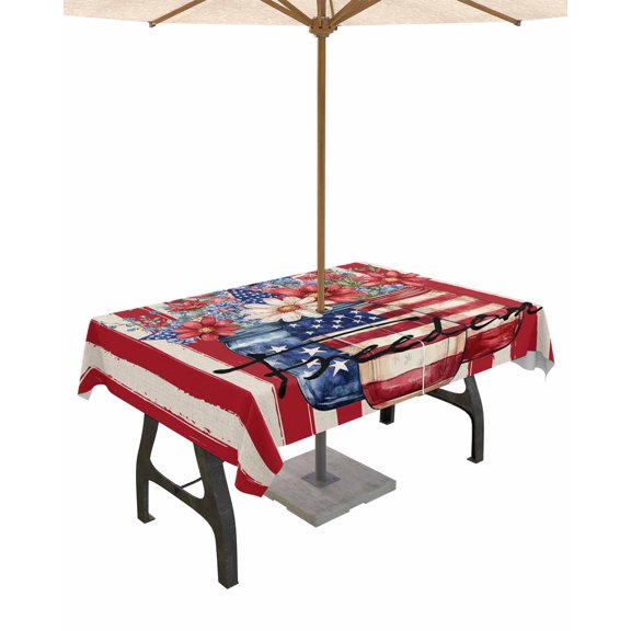 nqOlkjepod American Flag Outdoor Tablecloth with Umbrella Hole & Zipper, Red Stripe Blue Star Patriotic Floral Rectangle Table Cover 60x102 Inch, Dining Waterproof Table Cloth Protector for Patio