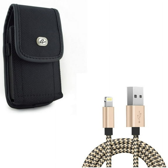 USB Cable w Case Belt Clip for iPhone XR - 6ft Charger Cord Power Wire, Rugged Holster Canvas Cover Pouch Compatible With iPhone XR