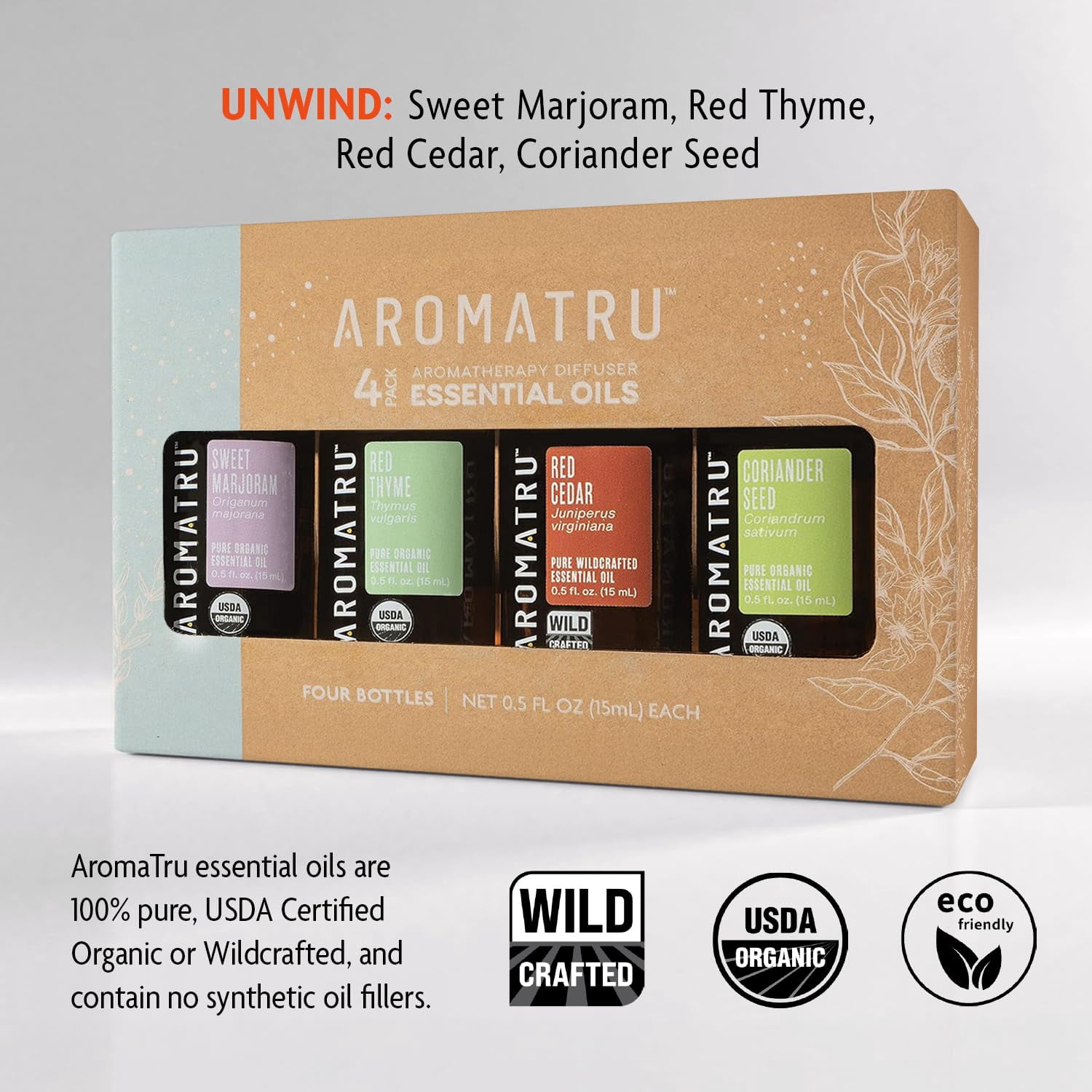 AromaTru Essential Oil Kits (Unwind Scent)- Organic and Wildcrafted – No Synthetic Fillers – ISO Lab Certified for Purity – Ethically Sourced from Sustainable Origins