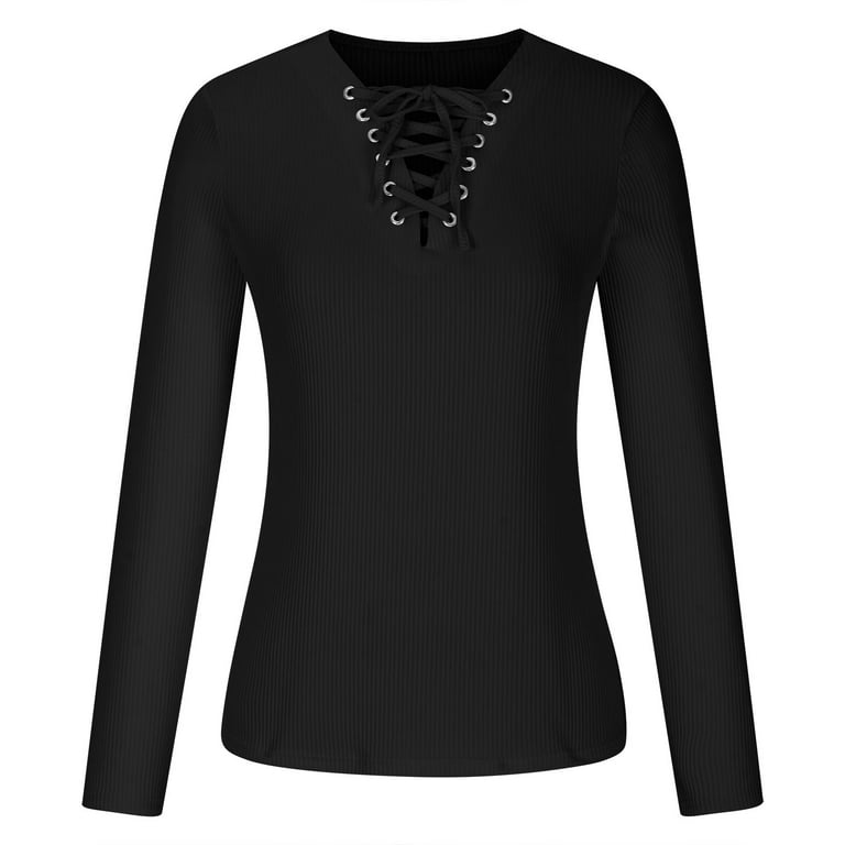 RQYYD Women's Criss Cross Lace Up V Neck Long Sleeve Tops Sexy Ribbed Knit  Slim Fitted T-Shirts Blouses Casual Tee Shirts Top Black XL 