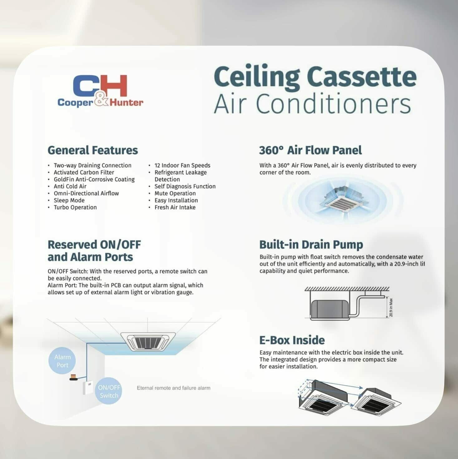 Cooper & Hunter 28000 BTU 230V Ceiling Cassette Tri 3 Zone Mini Split Heat Pump Air Conditioner 9K+9K+9K Cover 1200 Sq Ft