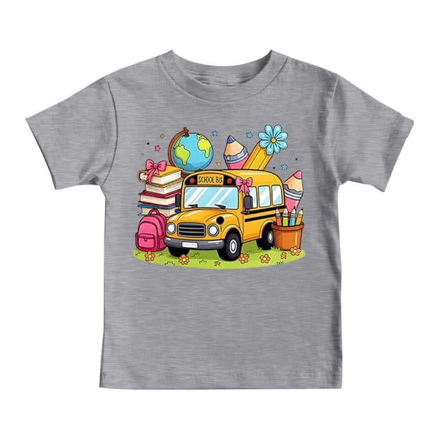 T-shirts Graphiques pour Garçons Tout-Petits Rentrée Scolaire Manches Courtes T-Shirts Enfants Doux Décontractés Chemise Tendance Chemise Imprimée Vêtements Gris Taille 3-4T