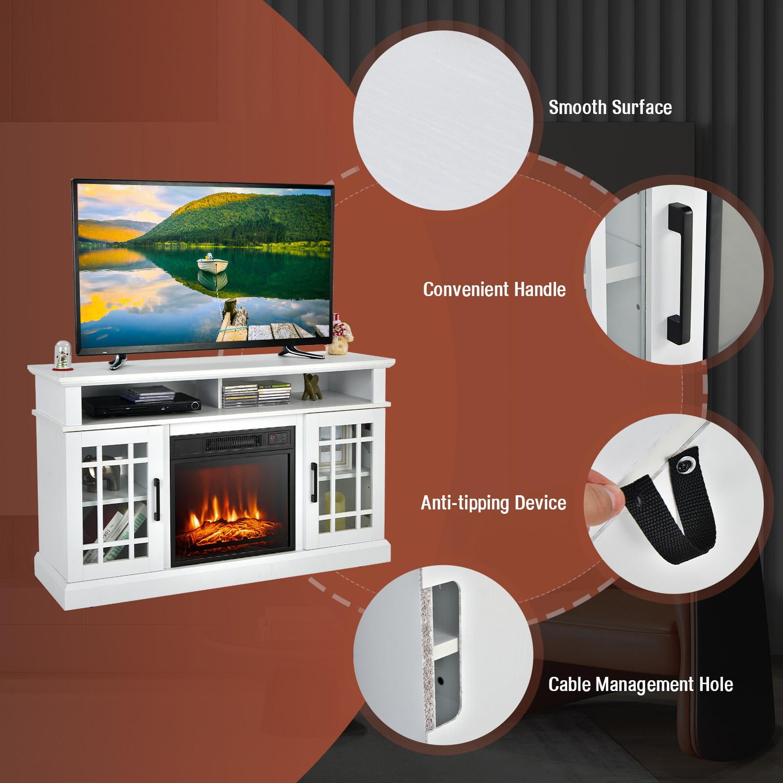 Giantex 48" Wooden TV Stand w/Fireplace, Electric Fireplace TV Cabinet, Farmhouse Media Entertainment Center Console Table, White