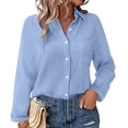 thumbnail image 4 of Outfmvch Linen Shirt Rolled Cuffed Long Sleeve Blouse Gauze Blouses for Women 3/4 Roll Up V Neck Sleeve Linen Shirts for Women Fall Work Light Blue XL, 4 of 9