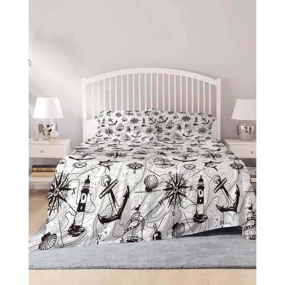 4 Piece King Sheet Set Nautical Compass Sheets Set for King Size Bed, Breathable Soft Microfiber Bed Sheets Cooling Black Grey Sailing Boat Map Anchor Fitted Sheet Deep Pocket, Pillowcases