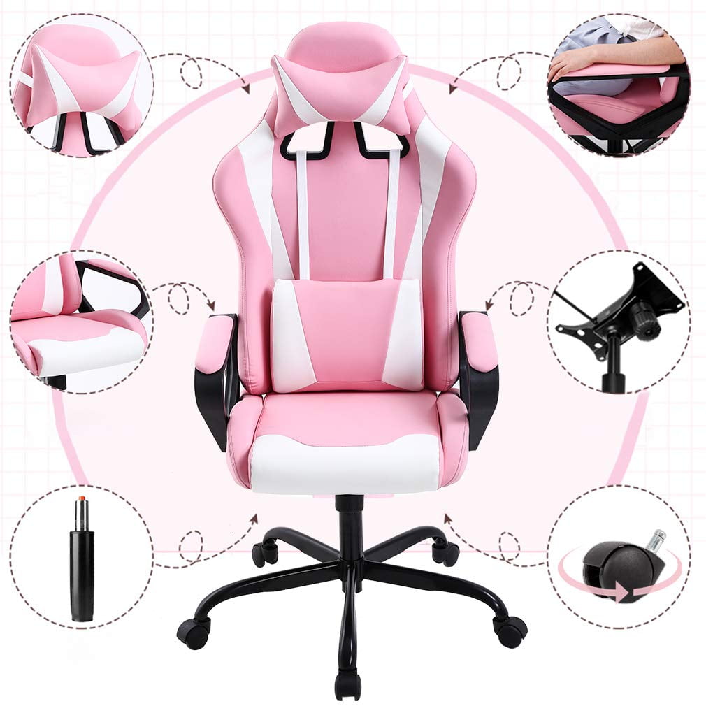 Dkelincs Gaming Chair for Teens PU Leather Computer Chairs with Headrest,Waist Pillow and Quiet Rolling Wheels, Pink