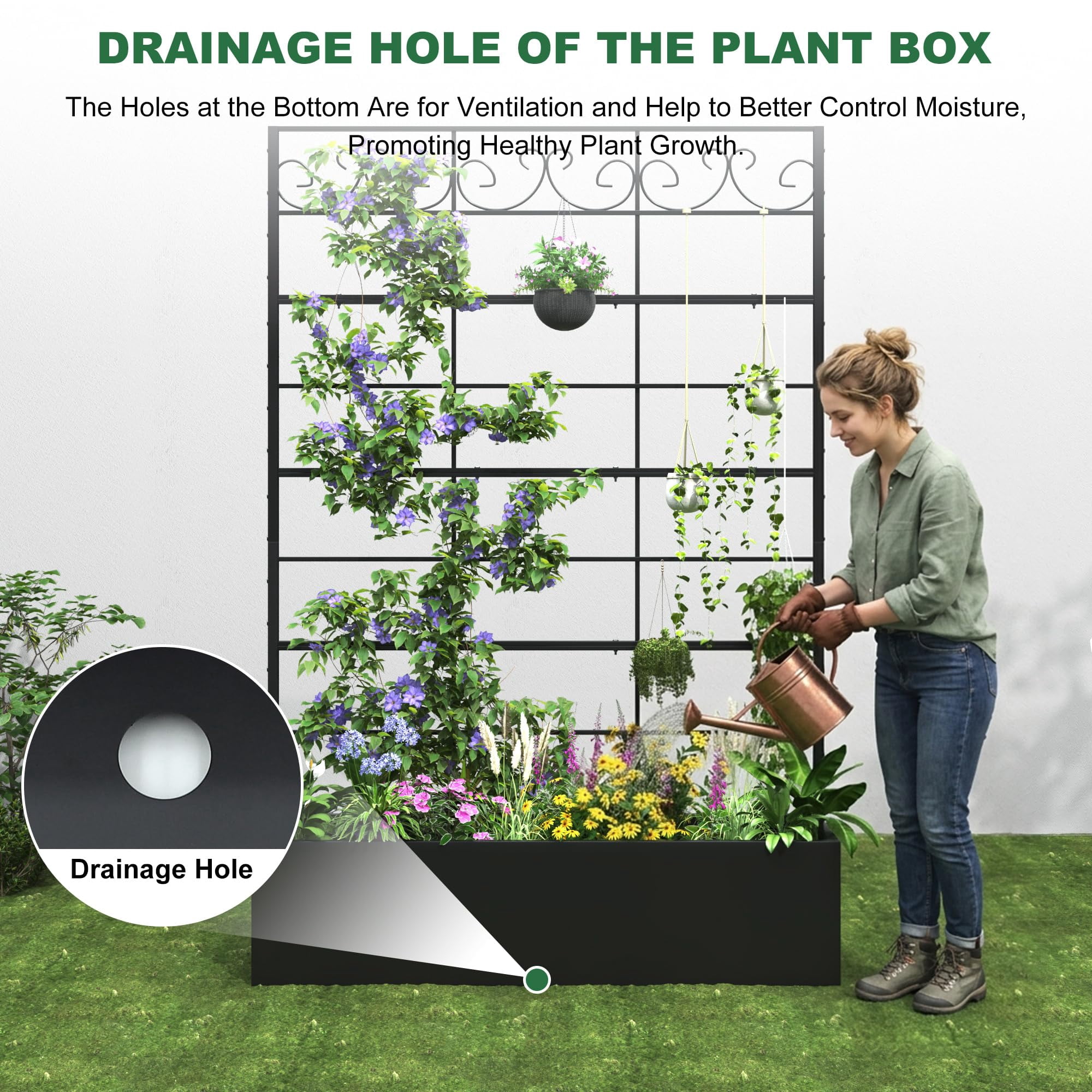ANPOO Metal Raised Garden Bed with Trellis, 70.9"x47.2"x12" Outdoor Planter Box with Drainage Holes, Black Privacy Screen for Climbing Plants, Patio & Balcony