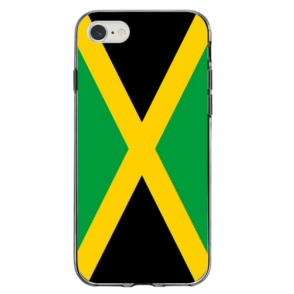DistinctInk Clear Shockproof Hybrid Case for iPhone 7 8 SE (2020 Model) 4.7" Screen TPU Bumper Acrylic Back Tempered Glass Screen Protector - Jamaica Flag Black Green Yellow - Show Love of Jamaica