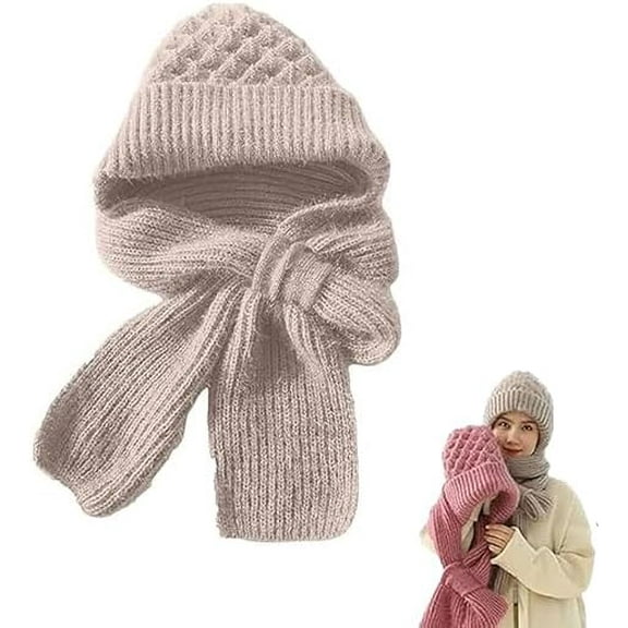 Winter All-in-One Knitted Hooded Scarf for Women － Warm Windproof Fleece Lined Ear Protection, Versatile Hat Scarf Combo for Cycling, Skiing, and Daily Cold Weather Use