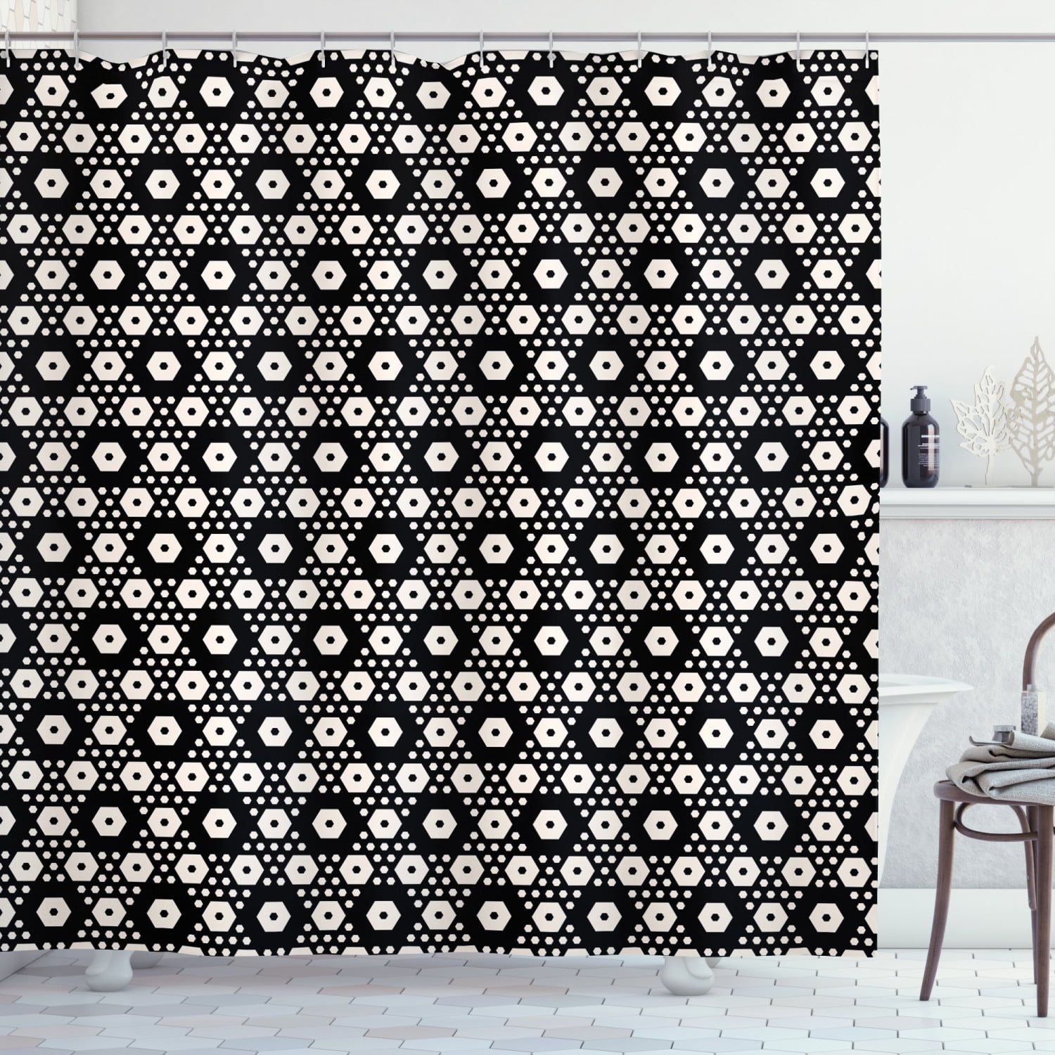 Geometric Shower Curtain, Symmetric Pattern Big and Small Hexagon Forms
