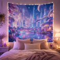 thumbnail image 2 of Neon City Beneath a Ringed Planet, Dreamy Fantasy for Space Lovers, Cityscape Wall Art, Housewarming Gift, Tapestry Wall Hanging for Bedroom, Gaming Room and Studio, 2 of 7
