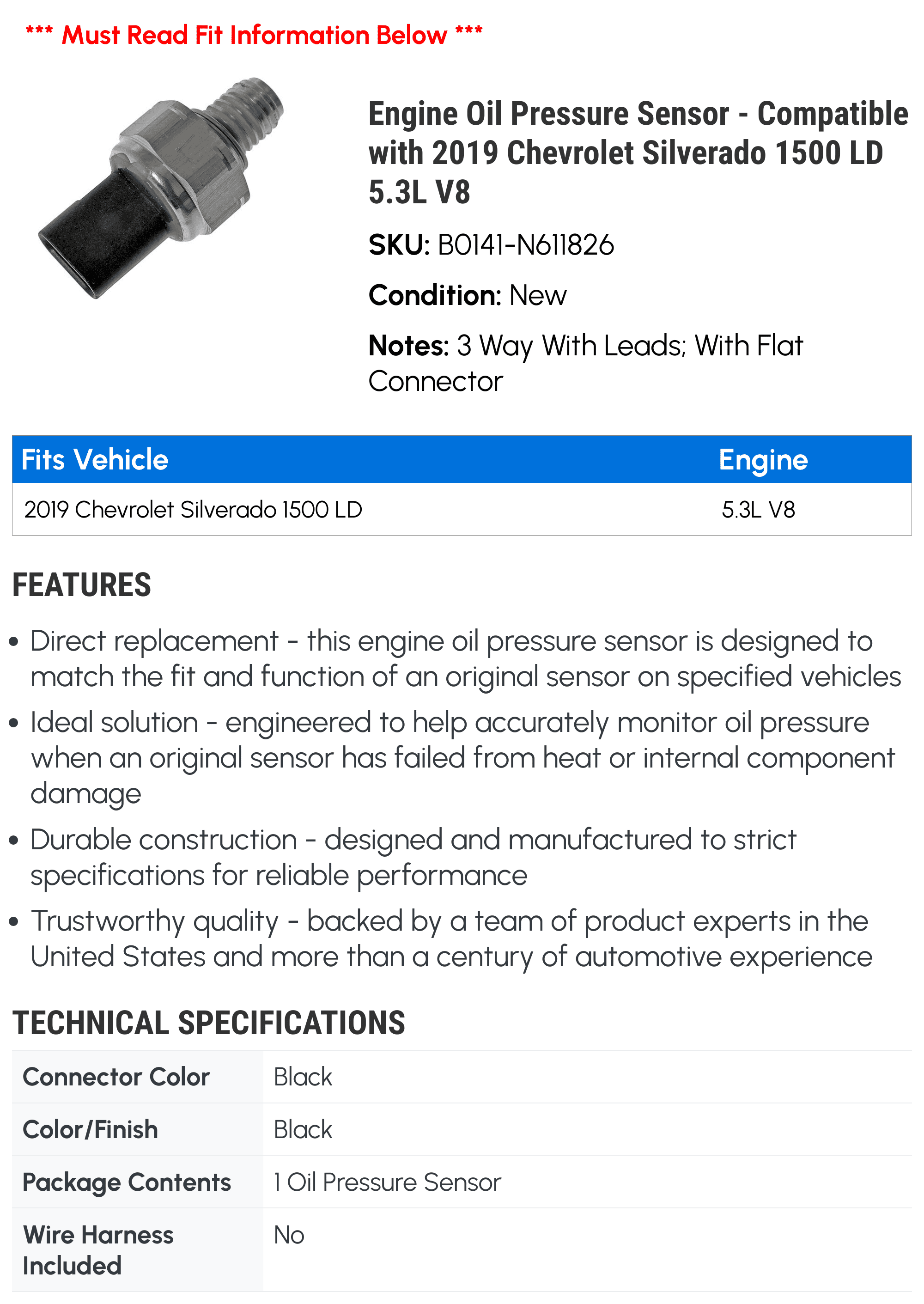 Engine Oil Pressure Sensor - Compatible with 2019 Chevy Silverado 1500 LD 5.3L V8