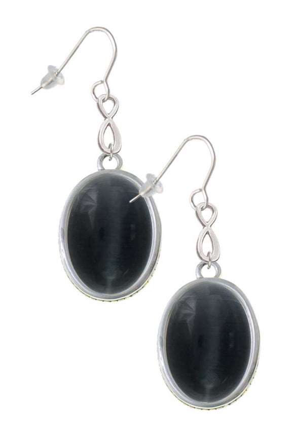 Silvertone Oval - Imitation Cat's Eye - Black - Silver tone Infinity French Earrings