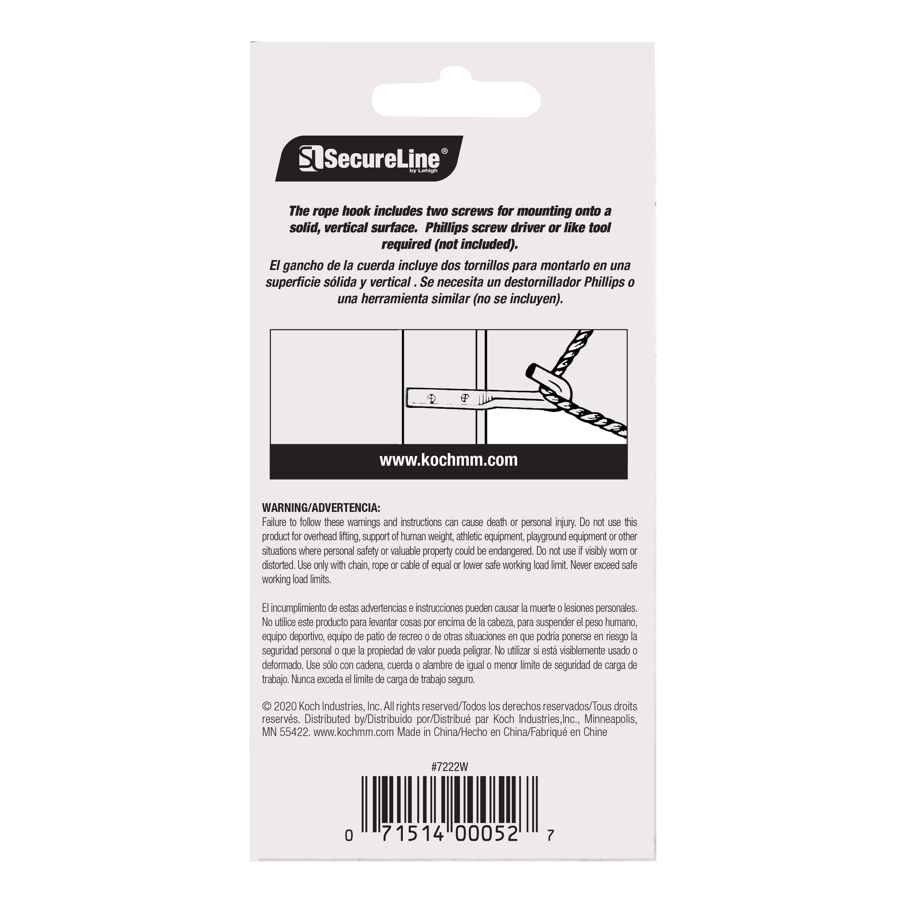 Secureline Item# 7222W, Rope Hook With Two Mounting Screws, Zinc Plated, 3-1/2", 1 Per Card