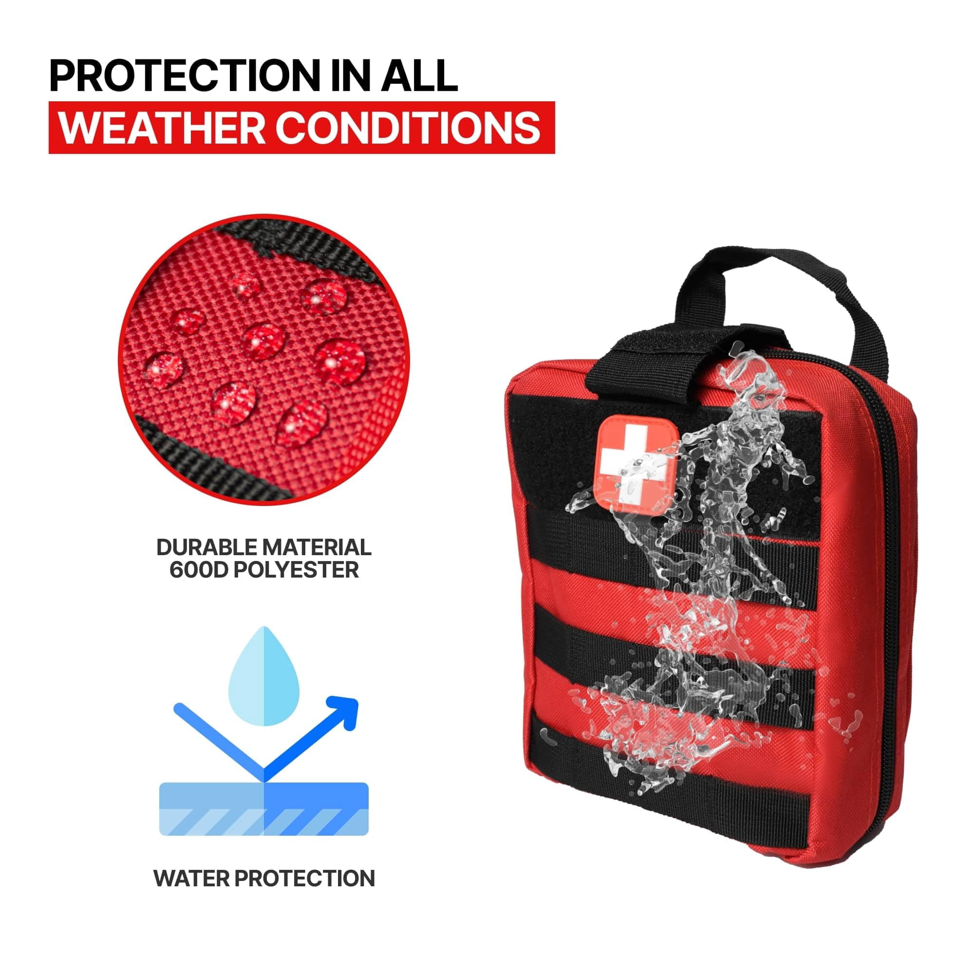 Universal Emergency First Aid Kit - Comprehensive 100+ Piece Medical Supplies with Portable Molle Pouch for Travel, Camping, and Outdoor Survival, Red