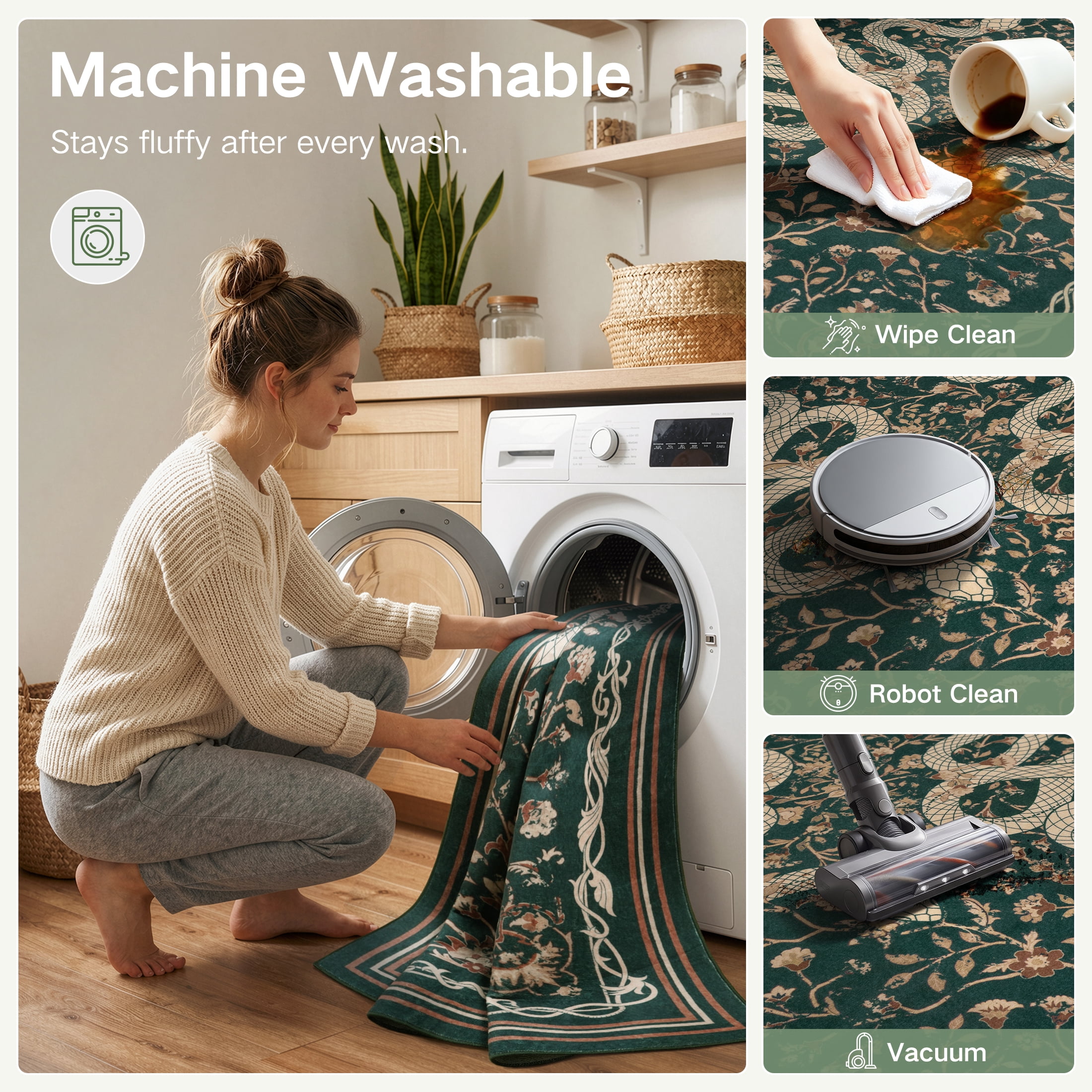 Moynesa Vintage Snake 8'x10' Large Area Rug for Living Room, Washable Green Floral Rug Cottage Botanical Accent Carpet for Bedroom Dining Room Sunroom Non Slip Stain Resistant Low Pile