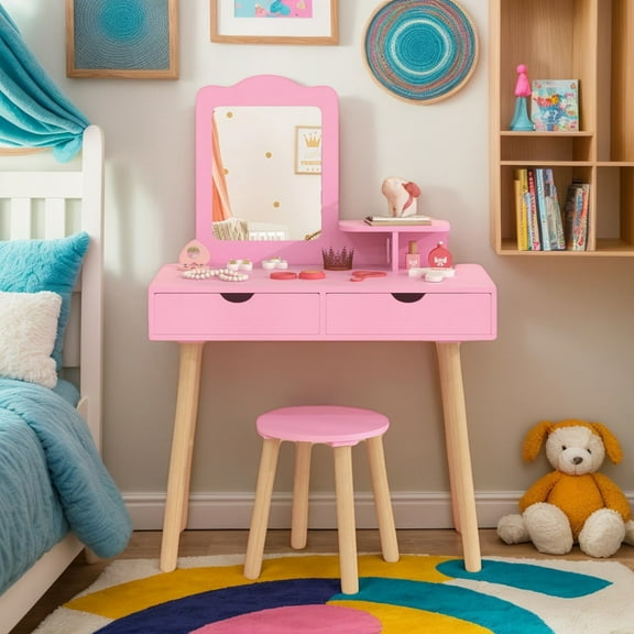 Resenkos Kid Vanity Table Chair Set with Mirror and 2 Large Storage Drawers-Pink, Kids Makeup Vanity for Girls Kids