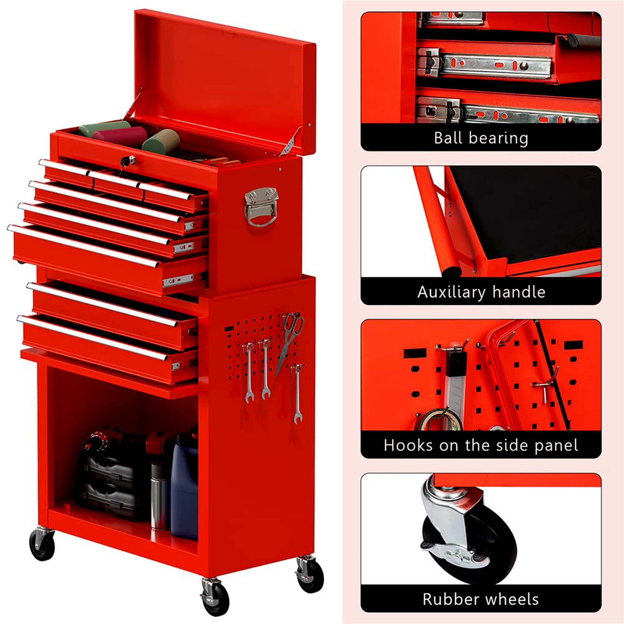 Aukfa Tool Box, 2 in 1 Steel Rolling Tool Chest & Cabinet on Wheels for Garage, 8-Drawers, Red