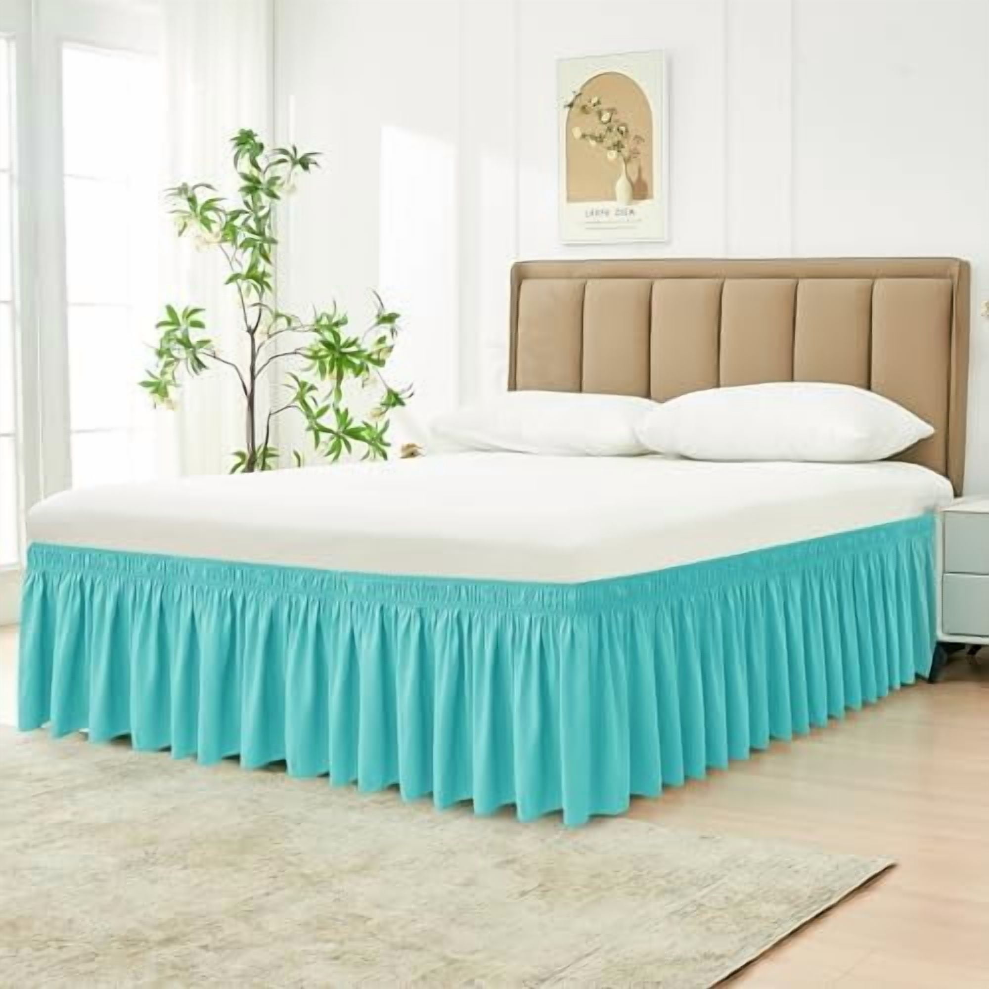 Wrap Around Bed Skirts for King & Cal King Beds with Short Drop of 12", Aqua Adjustable Elastic Dust Ruffles Easy Fit Wrinkle Resistant Silky Luxurious Fabric Machine Washable