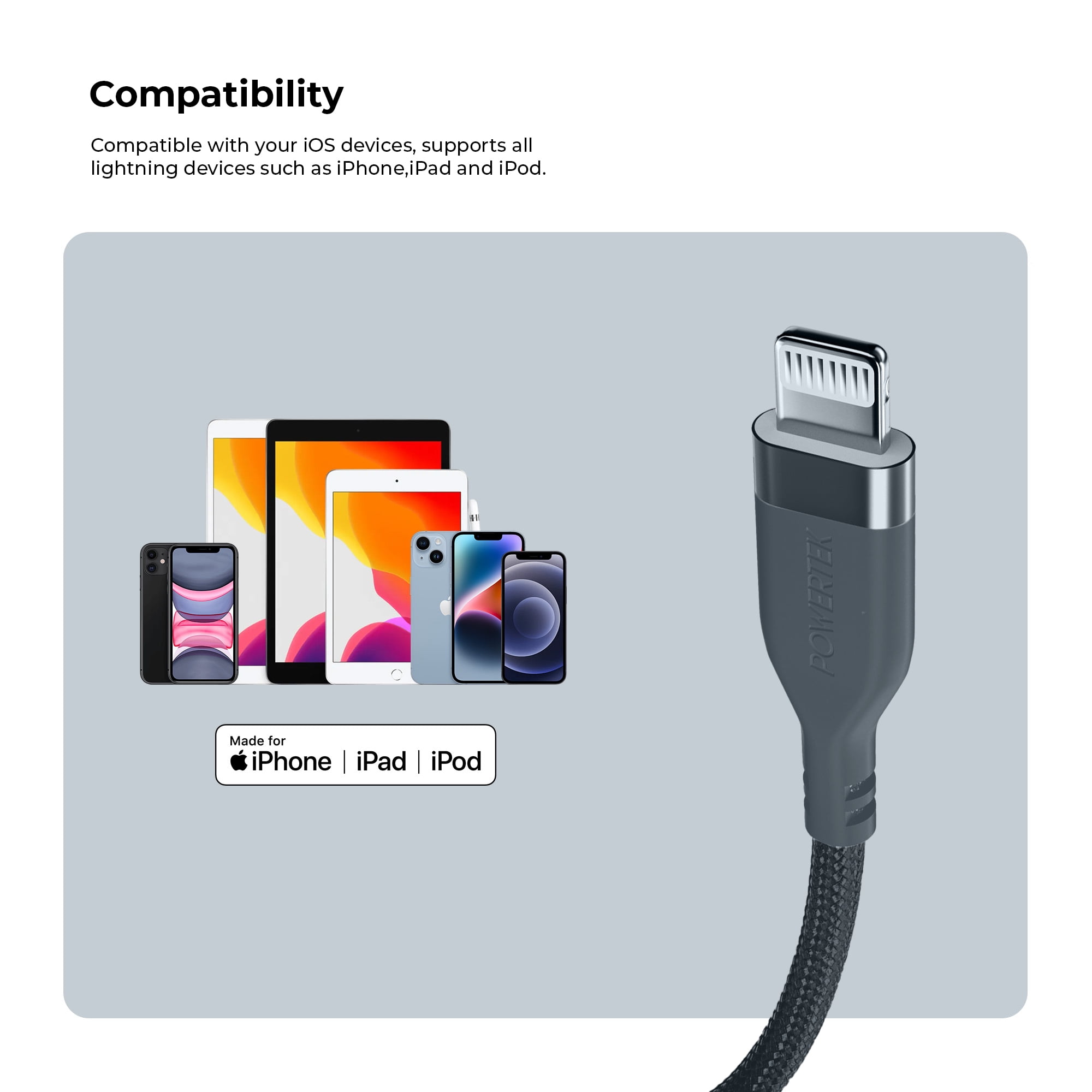Liquipel Powertek Premium Braided USB-A to Lightning Cable - Grey