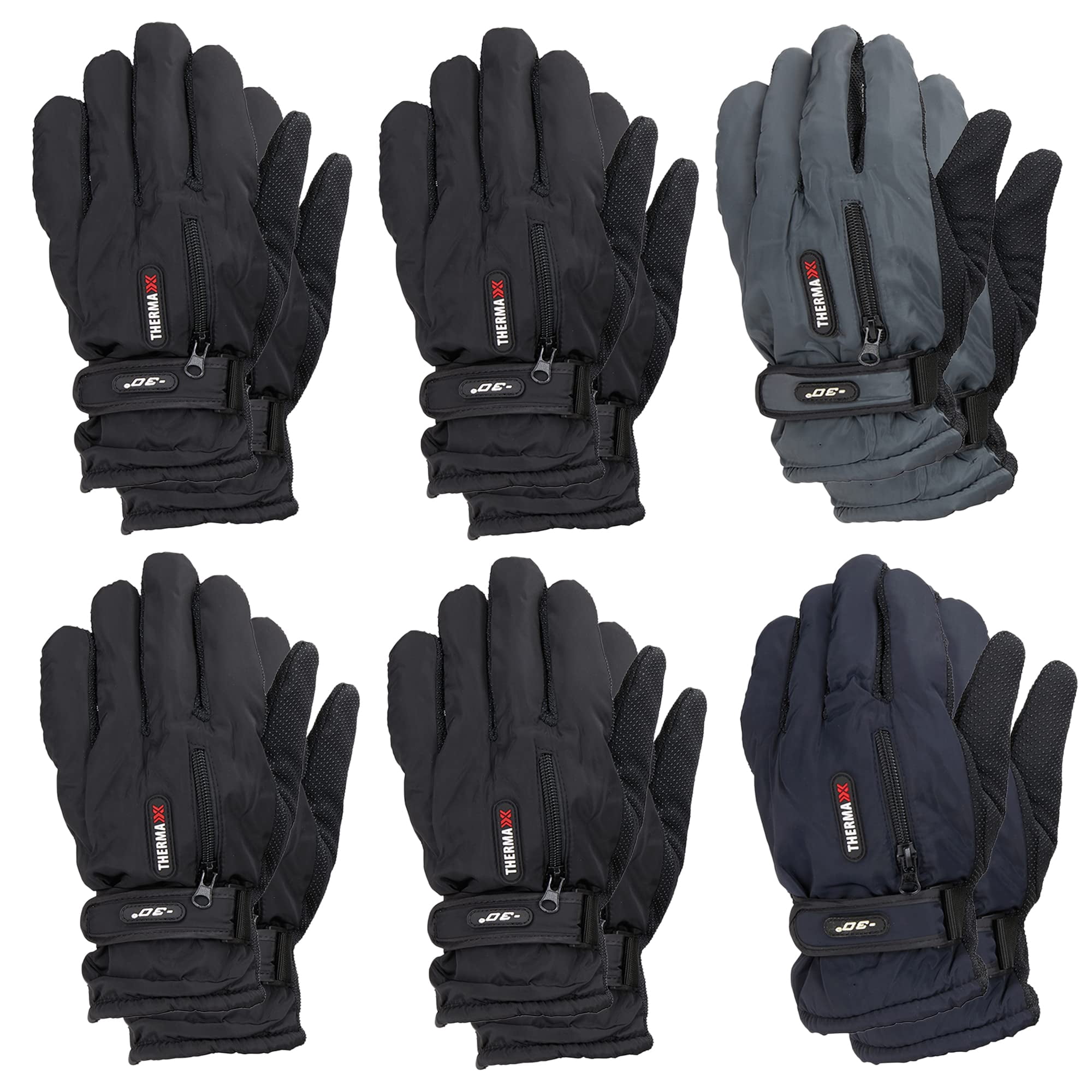 Yacht & Smith 6 Pairs of Mens Winter Fleece Lined Heavy Duty Winter Ski Gloves, Rubber Gripper, Velcro Strap, Bulk
