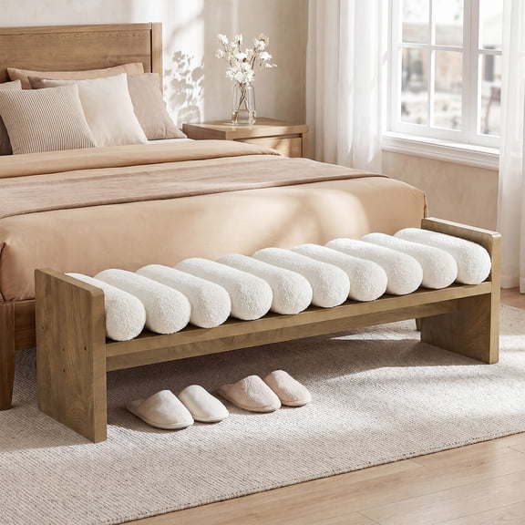 Tribesigns 59'' Wooden Entryway Bench with Boucle Cushion, Upholstered Fabric End of Bed Bench for Living Room (Removable Cushion)