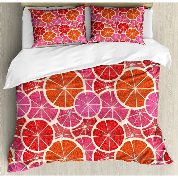 Fruits Duvet Cover Set King Size, Funky Grapefruit Vintage Citrus in Vibrant Circular Illustration, Decorative 3 Piece Bedding Set with 2 Pillow Shams, Fuchsia Pink Scarlet Ivory, by Ambesonne