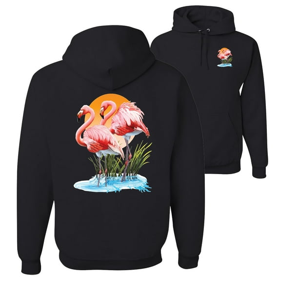 Wild Bobby, Flamingo Love Print, Animal Lover, Front and Back Unisex Graphic Hoodie Sweatshirt, Black, Small