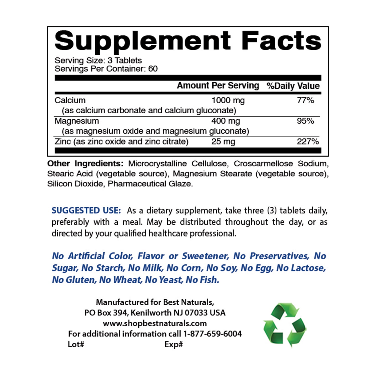 3 Pack Best Naturals Cal Mag Zinc 180 Tablets